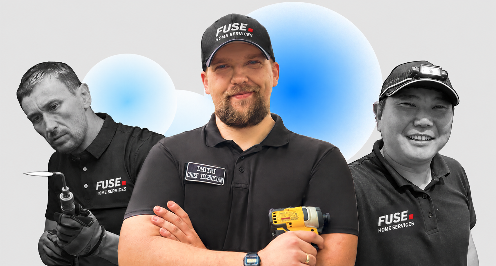 The appliance repair team: Geary, Dmitry and Maidar